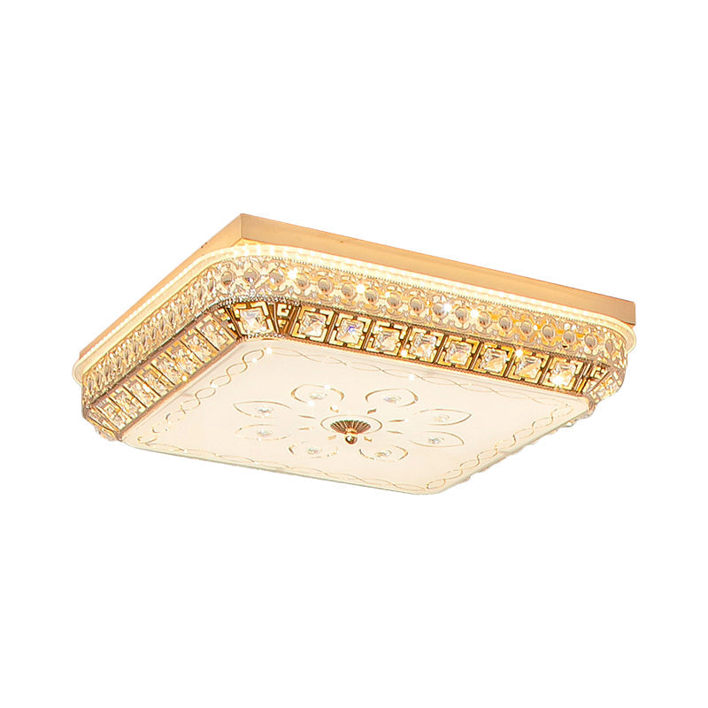 Gold Crystal Led Flushmount Light For Bedroom With Simple Squared Design