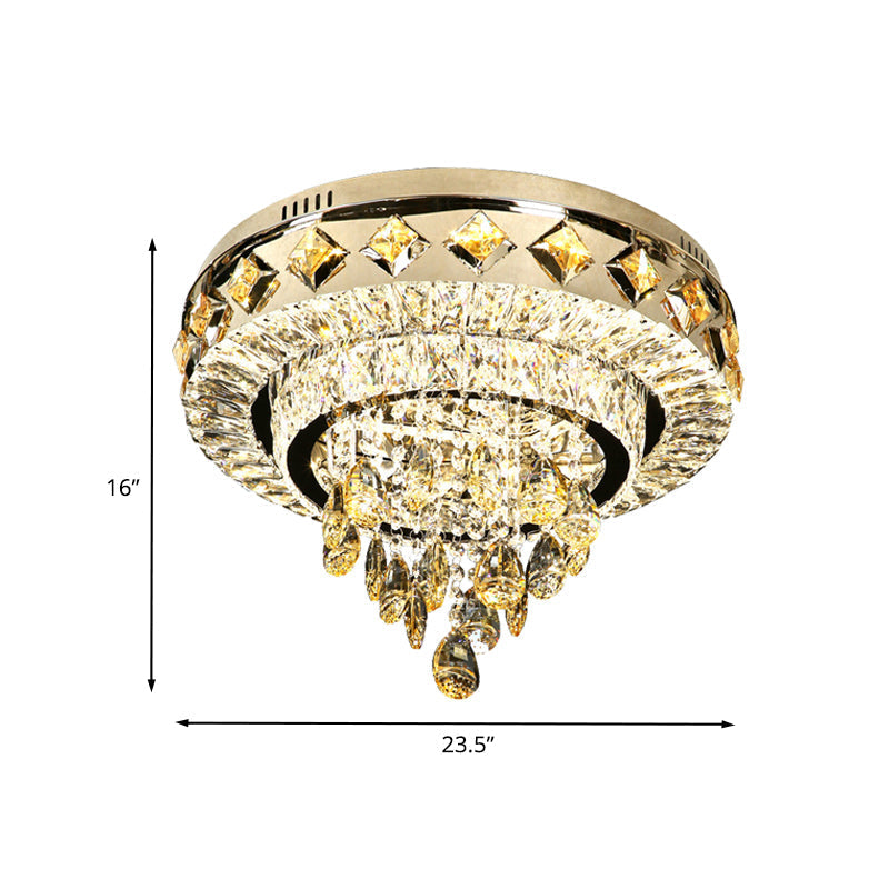 Contemporary Crystal 2-Tier Led Ceiling Flush Mount Lamp - 19.5/23.5 Width Chrome With Drop