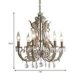 French Country Candle Chandelier - 6 Light Crystal Hanging In Antiqued Grey
