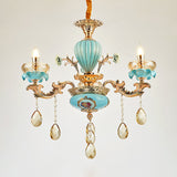 Moroccan Gold-Blue Ceramic Hanging Chandelier With Crystal Drops - 3/6 Bulb Candelabrum