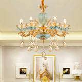 Moroccan Gold-Blue Ceramic Hanging Chandelier With Crystal Drops - 3/6 Bulb Candelabrum