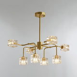 Modern Crystal Cube Gold Chandelier Lamp - 8 Bulb Suspension Pendant