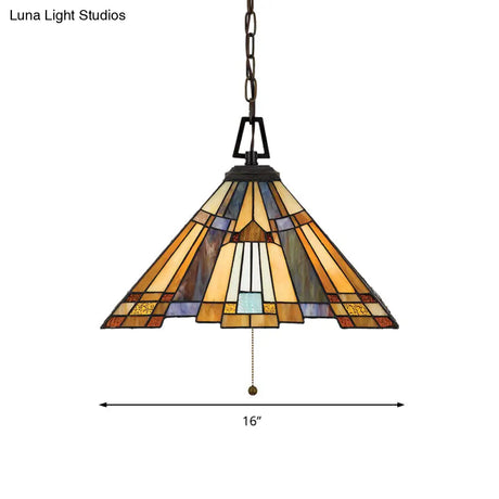 8’/12’/16’ Wide Tapered Tiffany Stained Glass Pendant Lamp With Amber Bulb For Bedroom