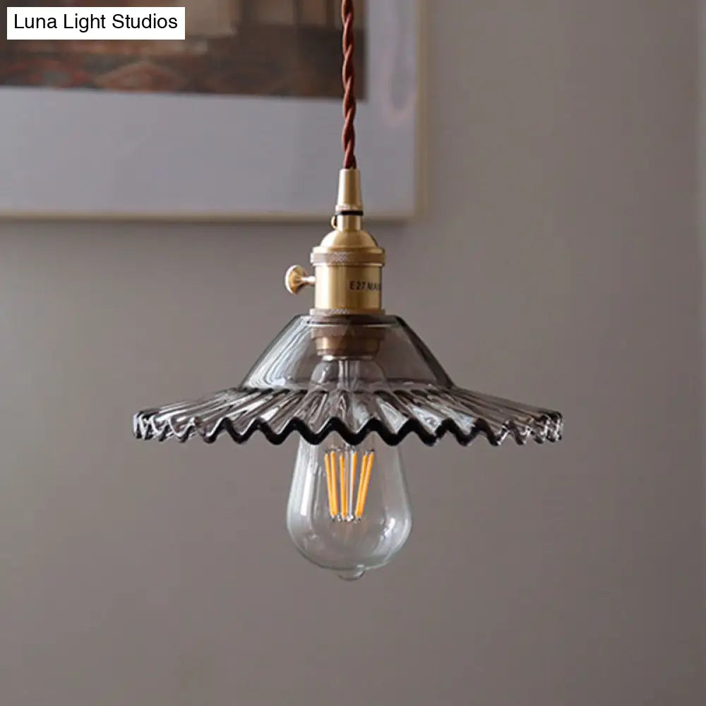 8.66 Industrial Brass Pendant Light With Scalloped Glass Shade For Coffee Shop