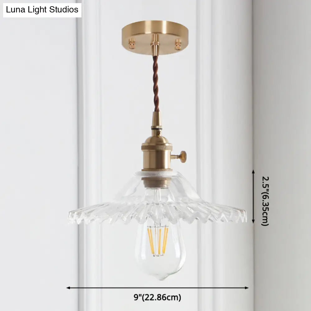 8.66 Industrial Brass Pendant Light With Scalloped Glass Shade For Coffee Shop