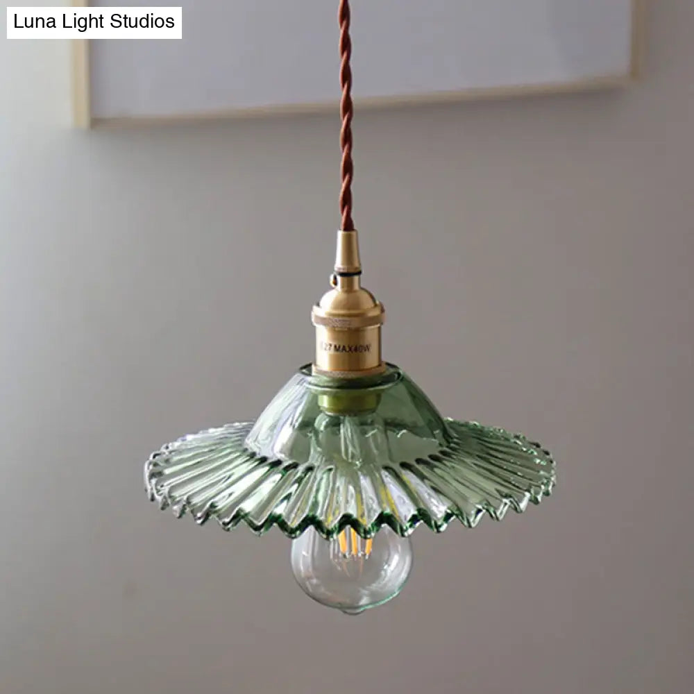 8.66 Industrial Brass Pendant Light With Scalloped Glass Shade For Coffee Shop