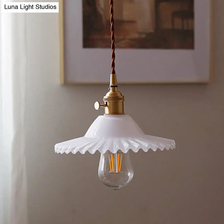 8.66 Industrial Brass Pendant Light With Scalloped Glass Shade For Coffee Shop