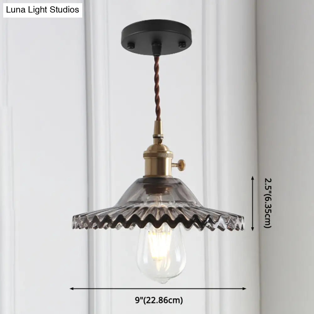 8.66 Industrial Brass Pendant Light With Scalloped Glass Shade For Coffee Shop