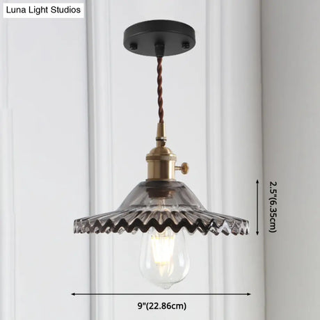 8.66 Industrial Brass Pendant Light With Scalloped Glass Shade For Coffee Shop