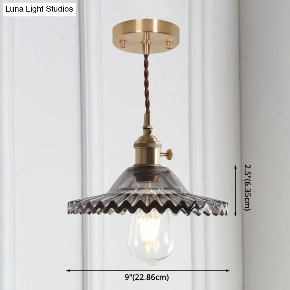 8.66 Industrial Brass Pendant Light With Scalloped Glass Shade For Coffee Shop