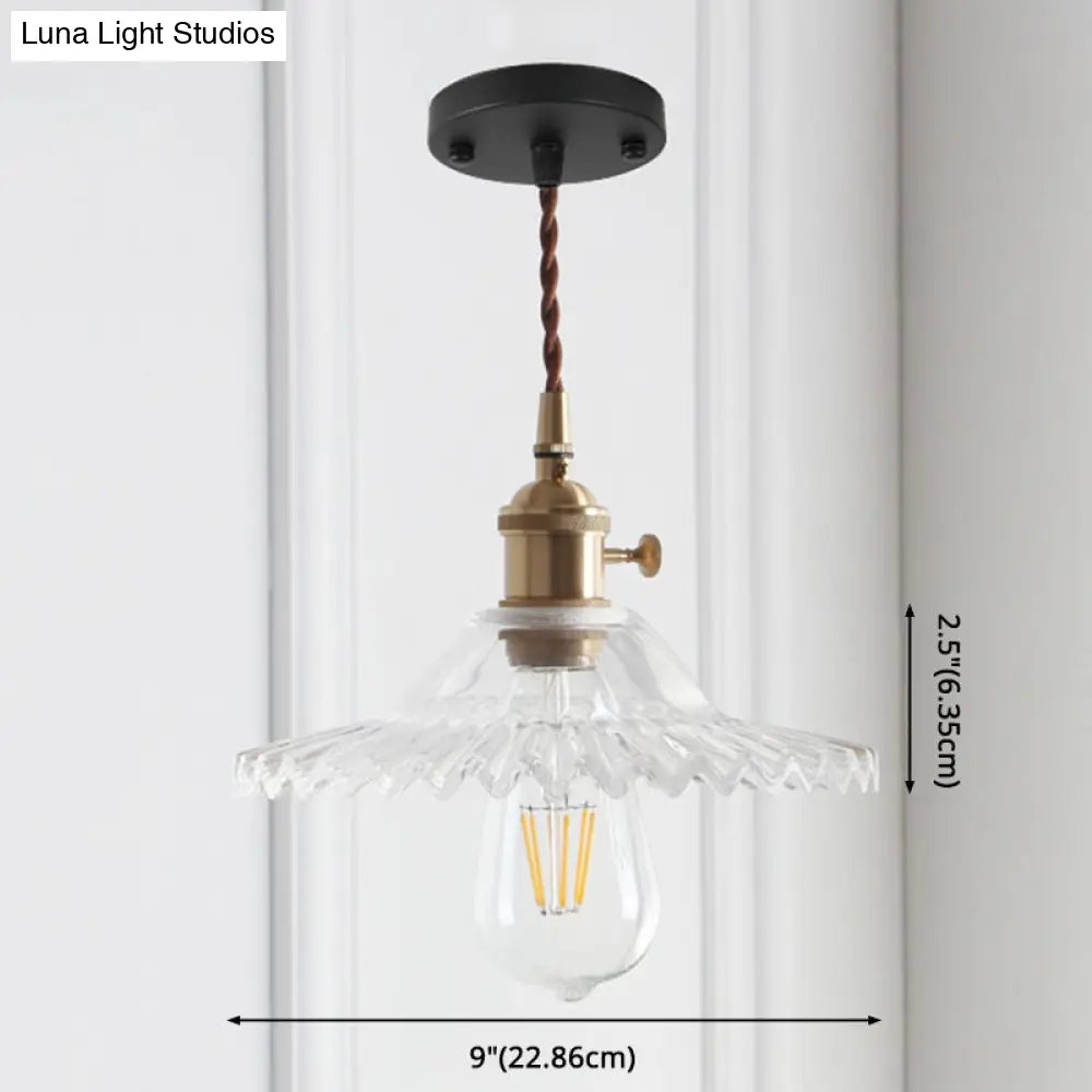 8.66 Industrial Brass Pendant Light With Scalloped Glass Shade For Coffee Shop