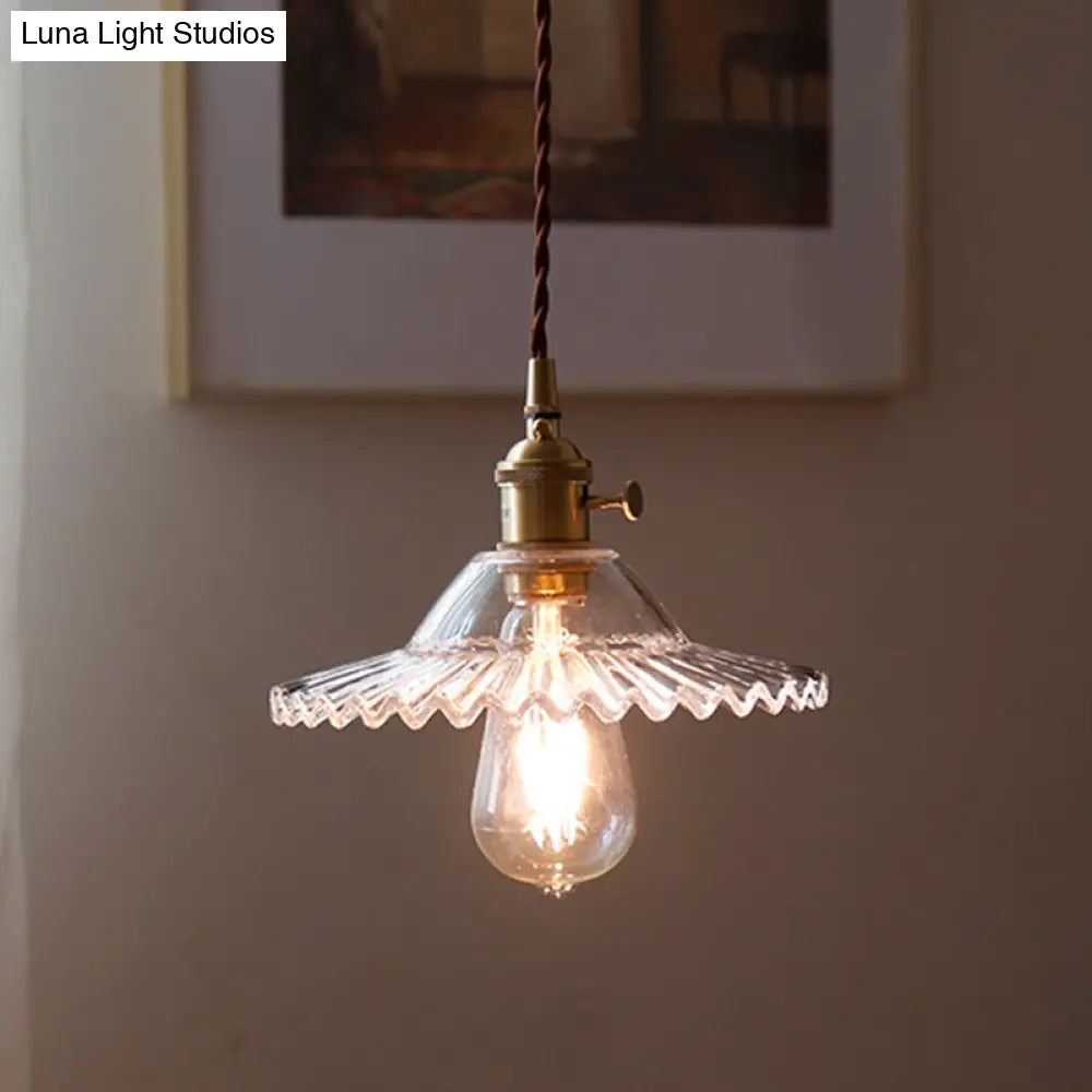 8.66 Industrial Brass Pendant Light With Scalloped Glass Shade For Coffee Shop