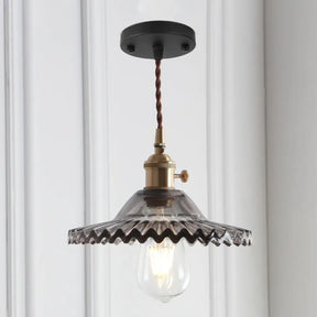 8.66 Industrial Brass Pendant Light With Scalloped Glass Shade For Coffee Shop Black / Smoke Grey