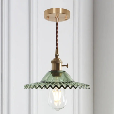 8.66 Industrial Brass Pendant Light With Scalloped Glass Shade For Coffee Shop / Green