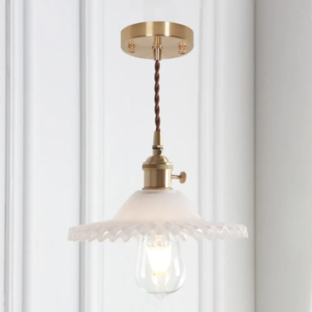 8.66 Industrial Brass Pendant Light With Scalloped Glass Shade For Coffee Shop / White