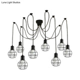 8-Head Black Iron Industrial Pendant Light With Ball Cage Swag Design For Living Room