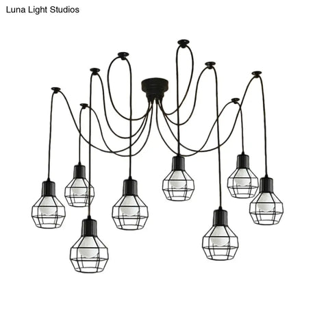 8-Head Black Iron Industrial Pendant Light With Ball Cage Swag Design For Living Room