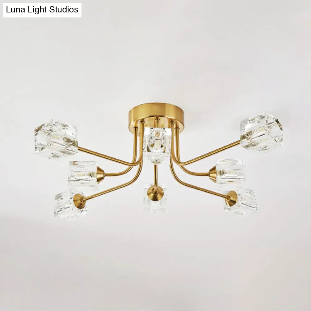 8 - Head Cubic Crystal Ceiling Light Fixture In Gold - Postmodern Curved Arm Semi Flush Mount