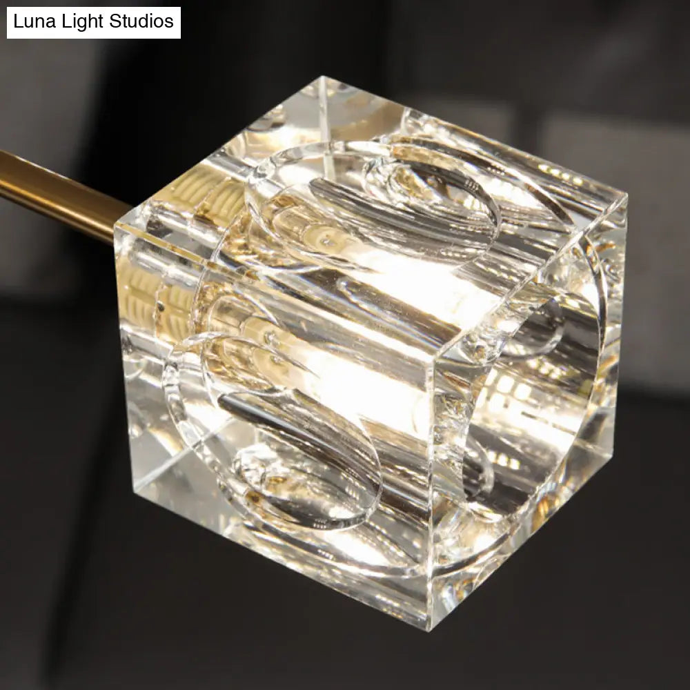 8 - Head Cubic Crystal Ceiling Light Fixture In Gold - Postmodern Curved Arm Semi Flush Mount