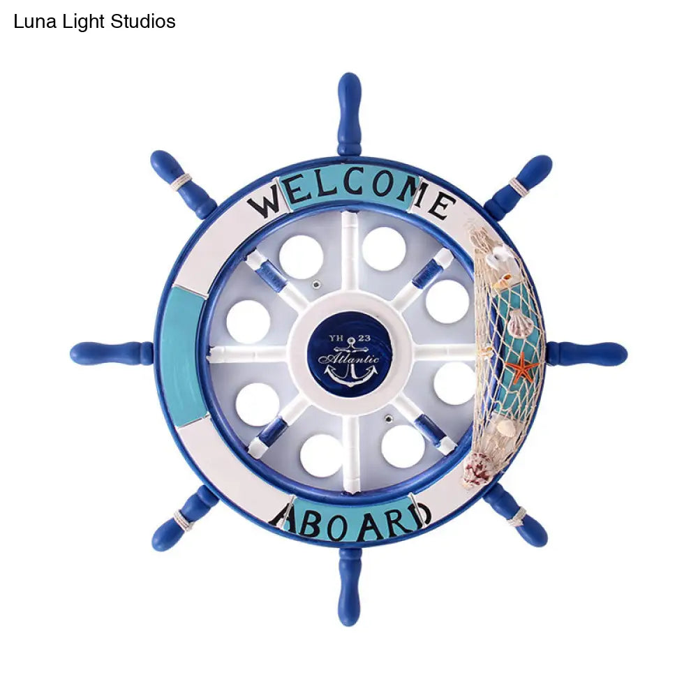 8-Head Kids Bedroom Flush Light: Blue/White/Yellow Led Ceiling Lamp With Rudder Wood Shade White/3