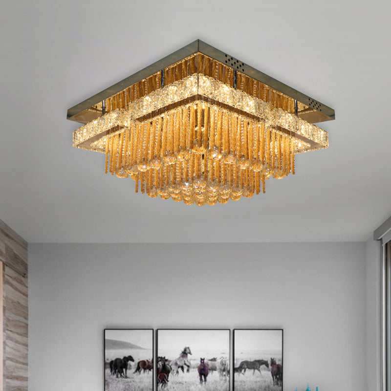 Modern Draping Crystal Lounge Led Flush Mount Ceiling Light - Polished Chrome Round/Square Fixture