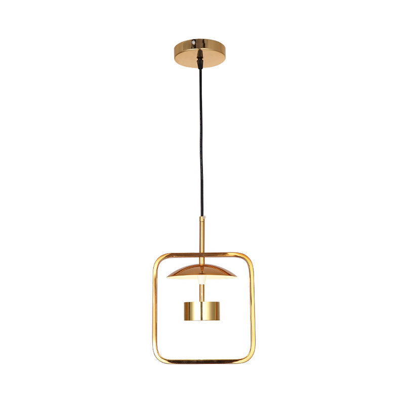 Minimalist Led Square-Frame Pendulum Light With Gold Finish And Shade/Shadeless Options For Ceiling