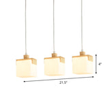 Modern 3-Head Wooden Cube Pendant Light With Led White Glass Shade