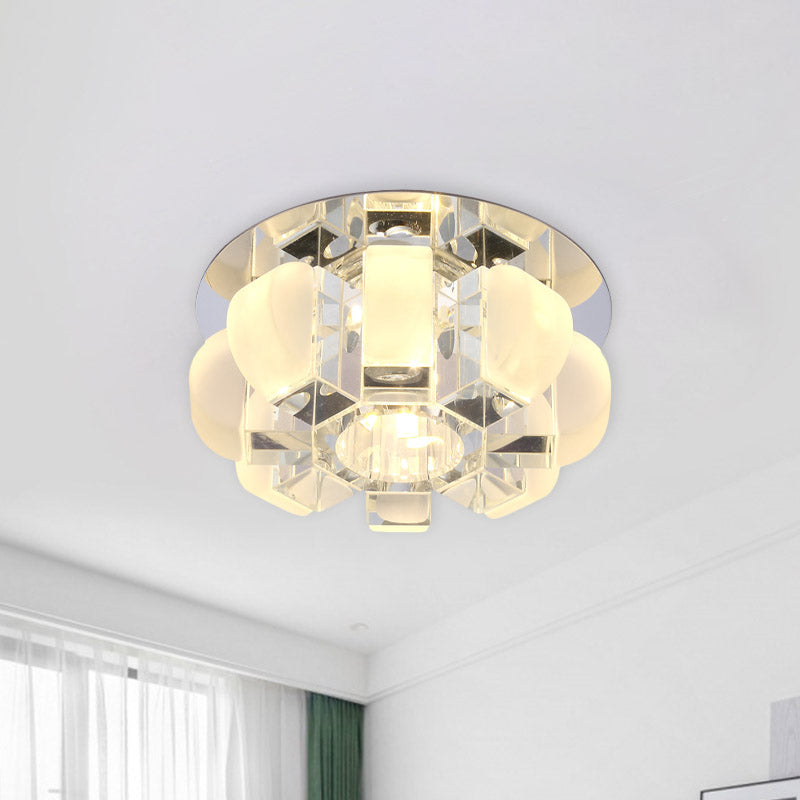Modern Crystal Block Gold Ceiling Mount Light Flushmount With Led Floral Design In Warm/White/Multi