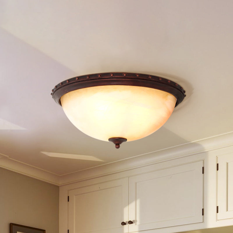 Traditional Opal Glass Bowl Flush Light Fixture - 2-Head Foyer Ceiling Mount (Brown)
