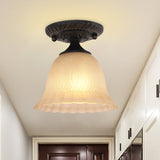 Rustic Ribbed Glass Bell Semi Flush Light With 1-Bulb Black Finish