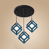 Industrial Style 3-Head Hallway Pendant Light - Metallic Squared Cage Design Red/Yellow Ceiling