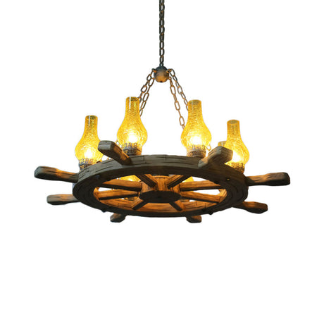 Coastal Wood Rudder Pendant Light Kit With Yellow Crackle Glass Shade - 8-Light Chandelier For
