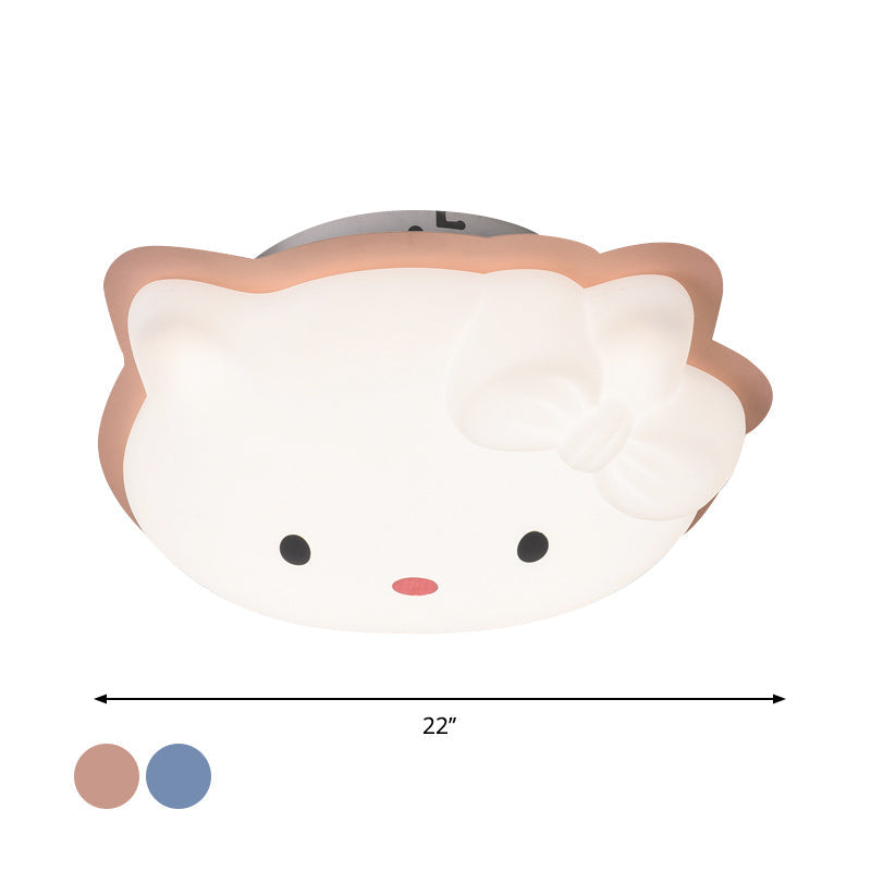 Kids Cartoon Cat Led Flush Mount Light Fixture For Pink/Blue Bedroom Décor