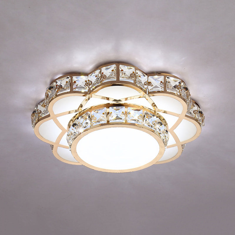 Gold Led Crystal Block Flower Ceiling Mounted Light - 10/12 Wide Modern Flush Mount Lamp
