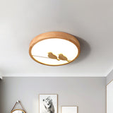 Modern Bird Pattern Led Drum Ceiling Light With Wood Finish