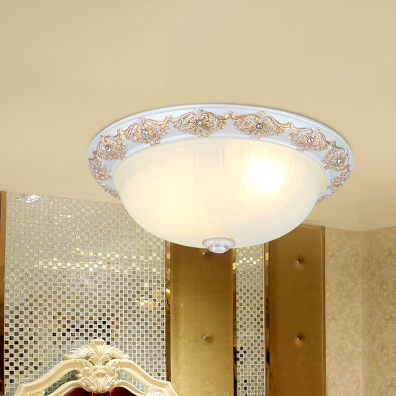 Frosted White Glass Dome 3-Light Bedroom Flush Mount With Carved Edge / B