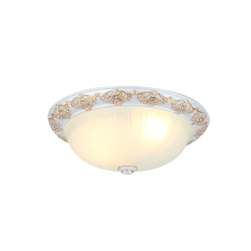 Frosted White Glass Dome 3-Light Bedroom Flush Mount With Carved Edge