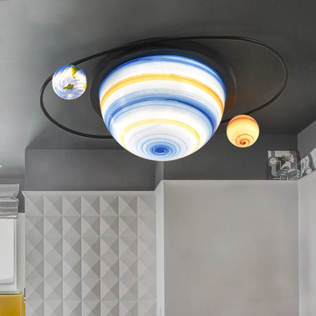Stained Glass 2-Bulb Kids Flush Mount Light Fixture In Blue Warm/White For Sphere And Astral Themed