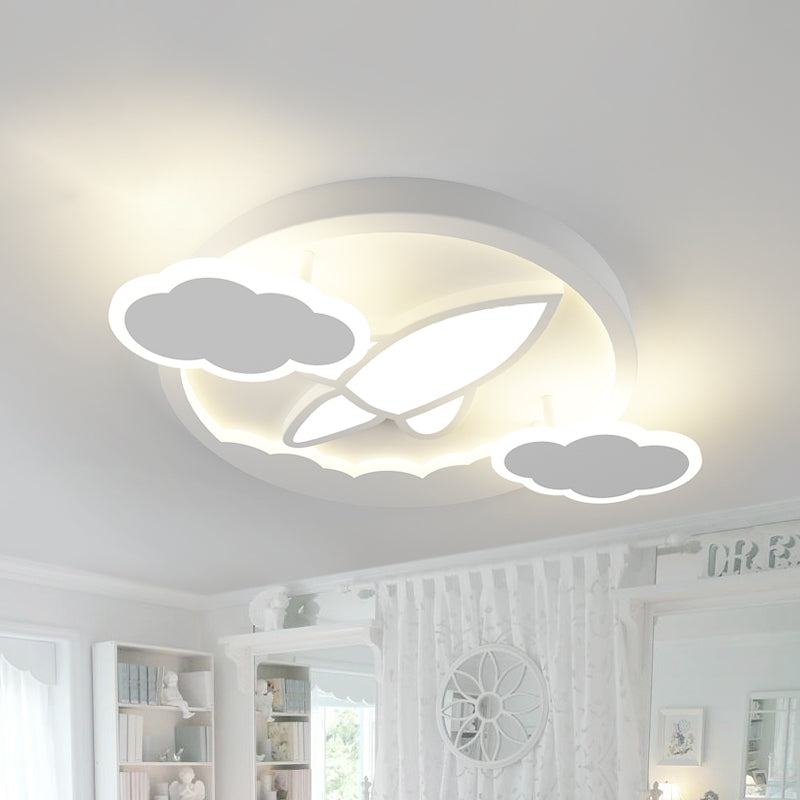 Kids Led Flush Mount Ceiling Light - Creative White Plane Behind Cloud Design With Acrylic Shade