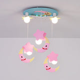 Wooden Moon And Star Semi Flush Mount Ceiling Light With Cartoon Design - 5 Blue/Pink Lights Pink