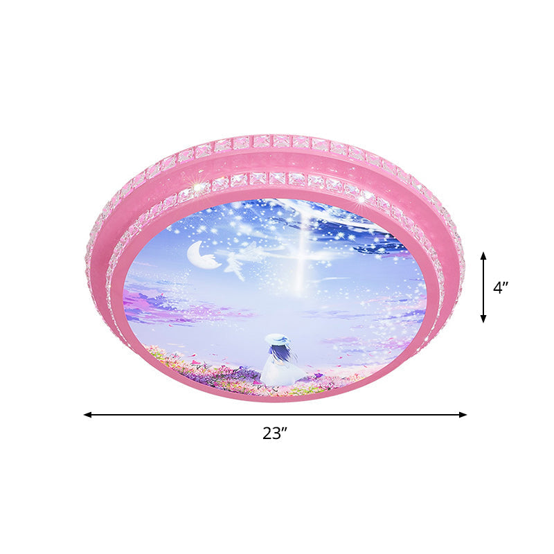 Modern Pink Led Ceiling Flush Light With Crystal Trim - Night Sky Pattern
