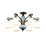 Traditional Flower White Glass Semi-Flush Ceiling Light - Bedroom Lamp (6/8 Heads)
