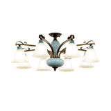 Traditional Flower White Glass Semi-Flush Ceiling Light - Bedroom Lamp (6/8 Heads)