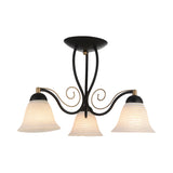 Bell Rustic Opal Glass Ceiling Light Fixture - Semi Flush Mount 3 Heads Black For Bedroom