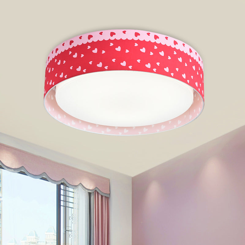 Red Kids Loving Heart Drum Flushmount Acrylic Led Ceiling Light For Childrens Bedroom