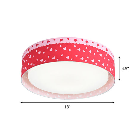 Red Kids Loving Heart Drum Flushmount Acrylic Led Ceiling Light For Childrens Bedroom