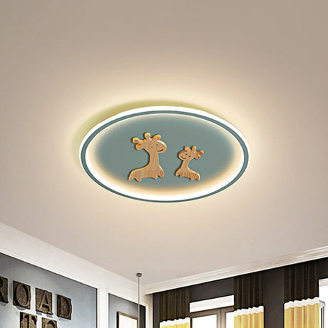 Kids Deer Pattern Oval Flush Mount Light - Acrylic Led Ceiling Lamp For Bedroom (Blue/Pink/Black)