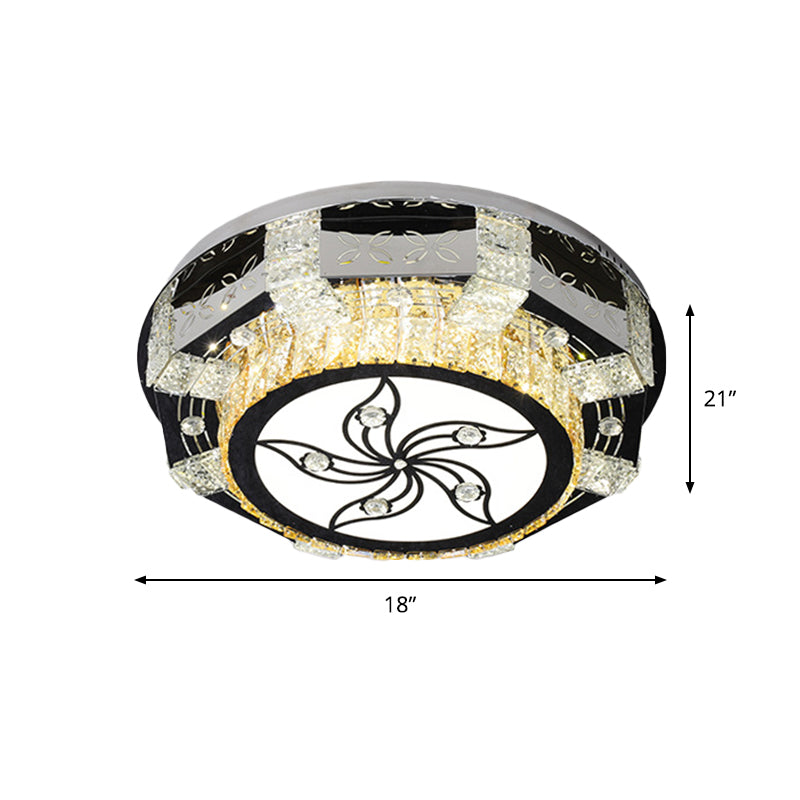 Modern Led Flush Mount Ceiling Light Fixture With Crystal Block Drum Shade In Nickel -