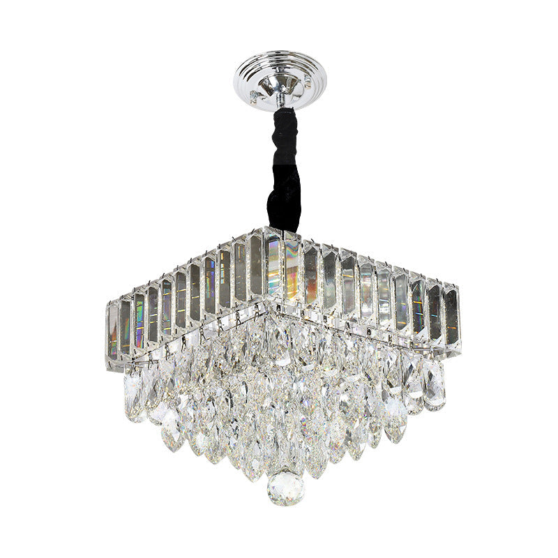 Modern Black Led Crystal Block Suspension Pendant - Tiered Square Design For Dining Room Lighting