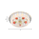 Modern Red Rose Cake Led Flush Mount Light With Crystal Shade - Frosted Glass Ceiling Fixture For